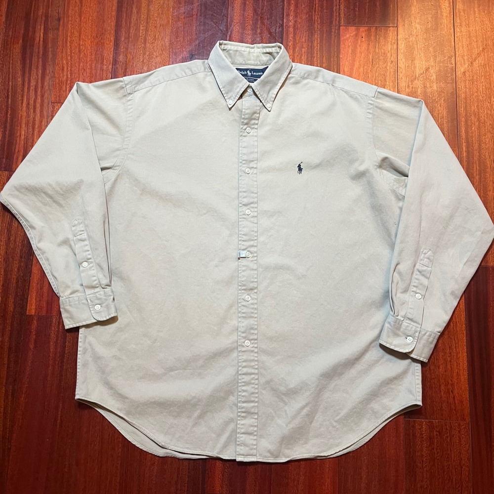 Ralph Lauren Shirt Mens L (27.5x31.5) Blake Fit Tan Twill Workwear Utility Y2K